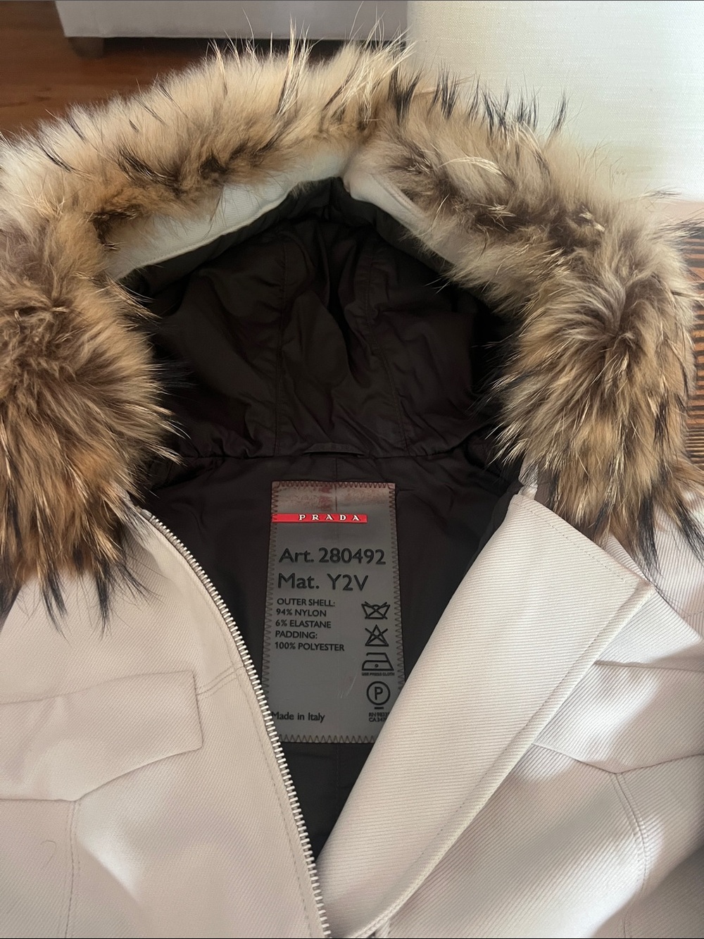 Prada Cream Hooded Puffer Coat with Fur-Trim Hood